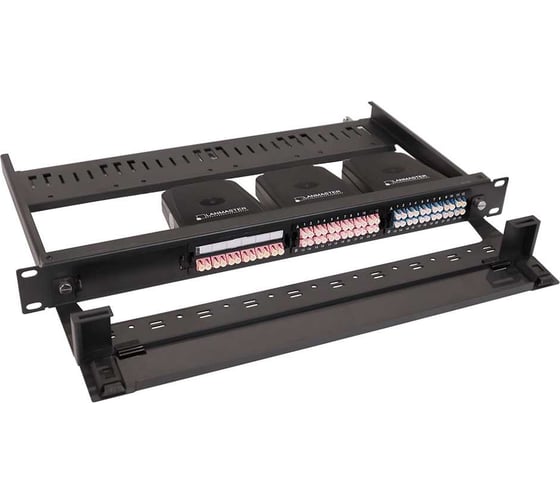Патч-панель LANMASTER на 4 кассеты и адаптерные планки MCS, 19''/1U, невыдвижная, черная, c крепежом для монтажа в стойку, LAN-FOBM-4MCS-SD-1U