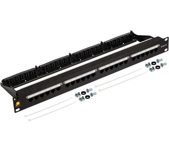 LANMASTER Патч-панель 19, 24 порта RJ45, неэкранированная, кат.6, 1U, с задним органайзером с фиксаторами кабеля, LAN-PPN24U6