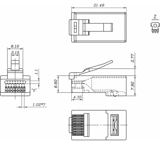 Разъем легкой оконцовки Hyperline RJ-45 8P8C под витую пару, категория 6 (50 µ"/ 50 микродюймов), универсальный (для одножильного и многожильного кабеля) 100 шт. 403343