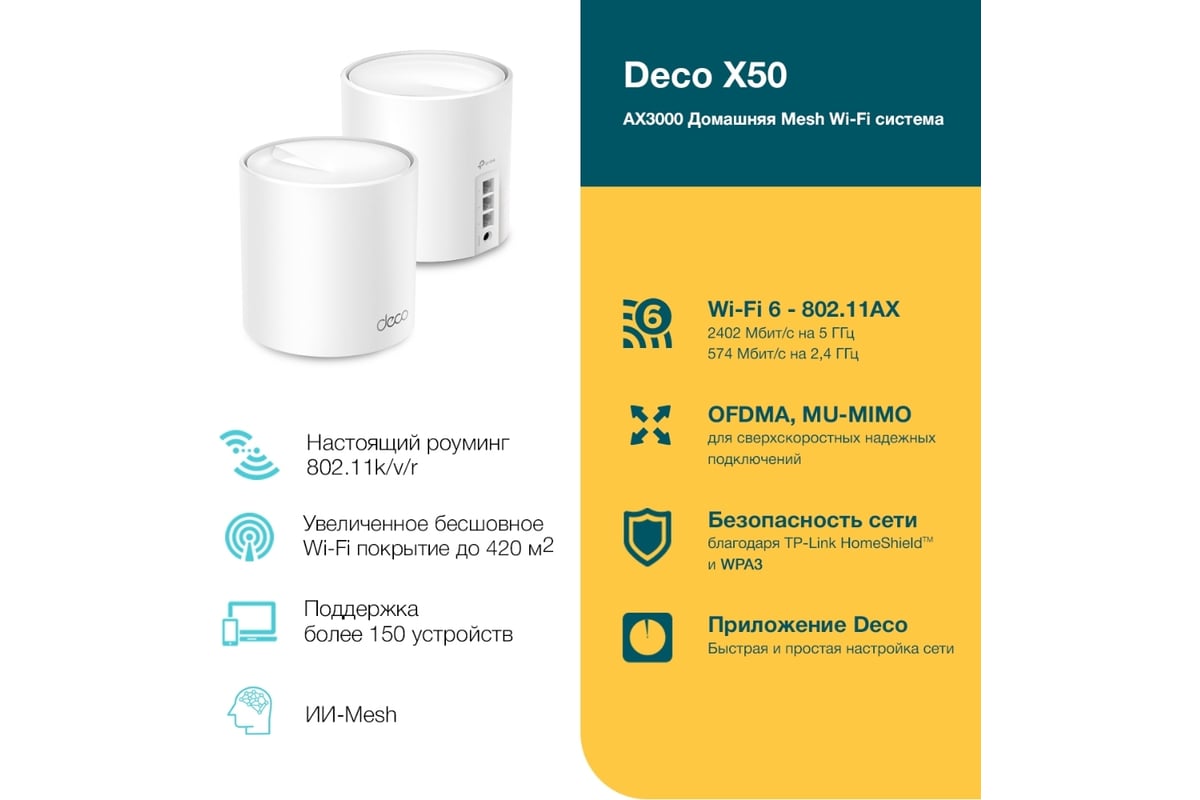 Домашняя mesh Wi-Fi система TP-Link Deco X50(2-pack) - выгодная цена,  отзывы, характеристики, фото - купить в Москве и РФ