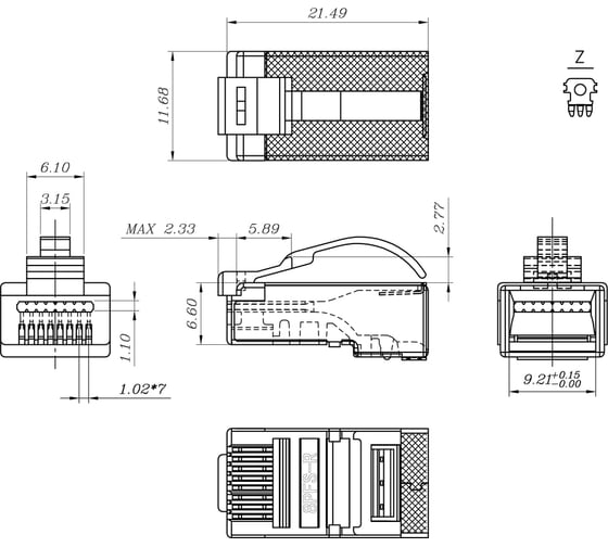 Разъем легкой оконцовки Hyperline PLEZ-8P8C-UA-C6-SH-100 RJ-45 (8P8C) под витую пару, язычок Arch, категория 6 (50 µ"/ 50 микродюймов), экранированный, универсальный, для одножильного и мног
