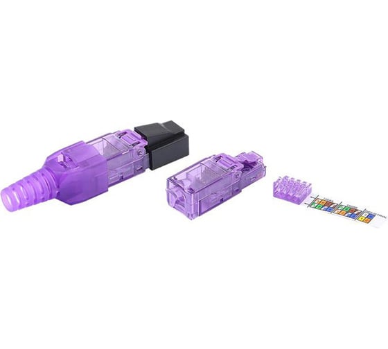 Разъем Hyperline PLUD-8P8C-S-C6-VL RJ-45 (8P8C) под витую пару, полевая заделка, категория 6, неэкранированный, для одножильного кабеля, зажимной (защелка) хвостовик, фиолетовый, IDC 427433 1