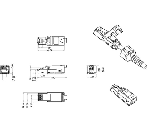 Разъем Hyperline PLUD-8P8C-S-C6-VL RJ-45 (8P8C) под витую пару, полевая заделка, категория 6, неэкранированный, для одножильного кабеля, зажимной (защелка) хвостовик, фиолетовый, IDC 427433