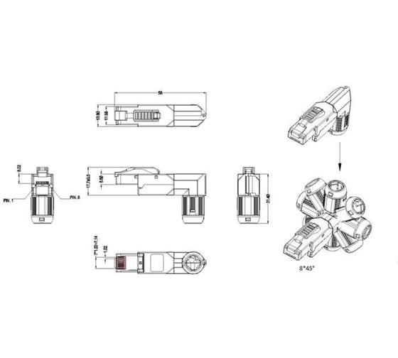 Разъем полевой оконцовки Hyperline PLUD-A-8P8C-S-C6A-SH RJ-45 (8P8C) под витую пару, угловой, для одножильного кабеля, toolless, категория 6A, экранированный, накручивающийся хвостовик, IDC 