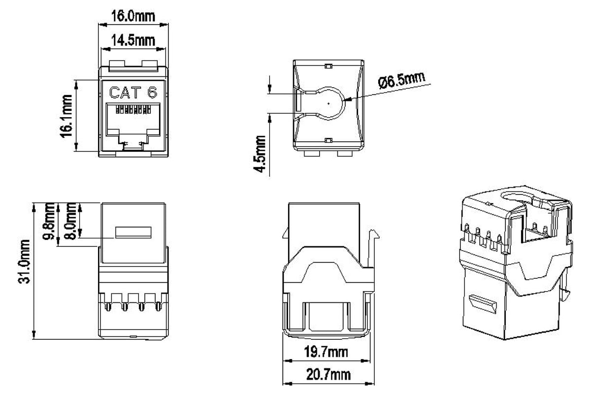 Вставка Keystone Hyperline KJ9-8P8C-C6-90-BK Jack RJ-45(8P8C ...