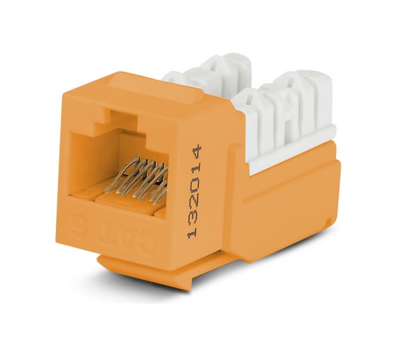 Вставка Keystone Hyperline KJNE-8P8C-C6-90-OR Jack RJ-45(8P8C), категория 6, 110 IDC, заделка с помощью NE-TOOL, оранжевая 212411 1