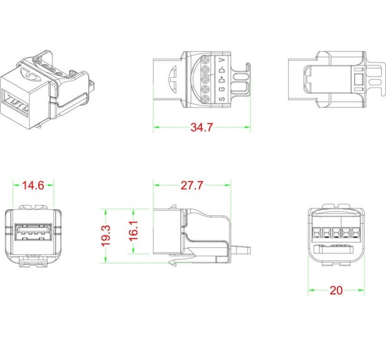 Вставка Hyperline KJ1-USB-A2-SCRW-WH формата Keystone Jack USB 2.0 (Type A) под винт, ROHS, белая 251290
