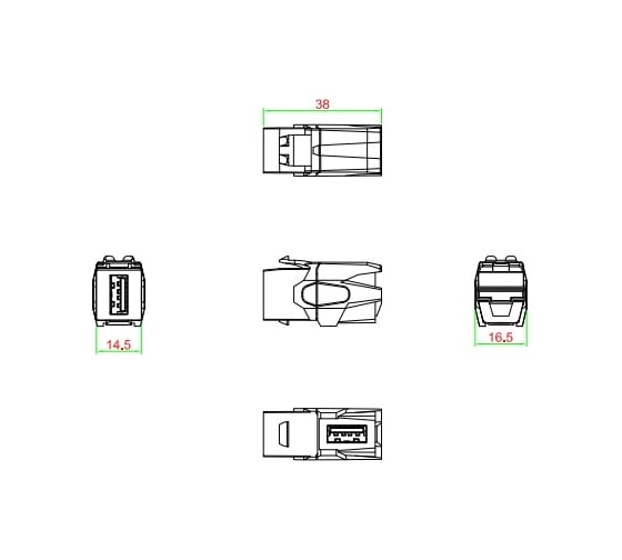 Вставка Hyperline KJ1-USB-VA2-BK формата Keystone Jack с проходным адаптером USB 2.0 (Type A), 90 градусов, ROHS, черная 251218