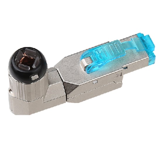 Разъем полевой оконцовки Hyperline PLUD-A-8P8C-S-C8-SH RJ-45 (8P8C) под витую пару, угловой, для одножильного кабеля, toolless, категория 8, экранированный, накручивающийся хвостовик, IDC 45