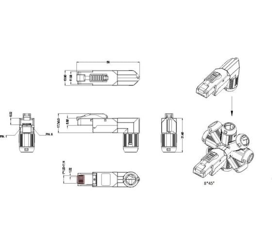 Разъем полевой оконцовки Hyperline PLUD-A-8P8C-S-C8-SH RJ-45 (8P8C) под витую пару, угловой, для одножильного кабеля, toolless, категория 8, экранированный, накручивающийся хвостовик, IDC 45