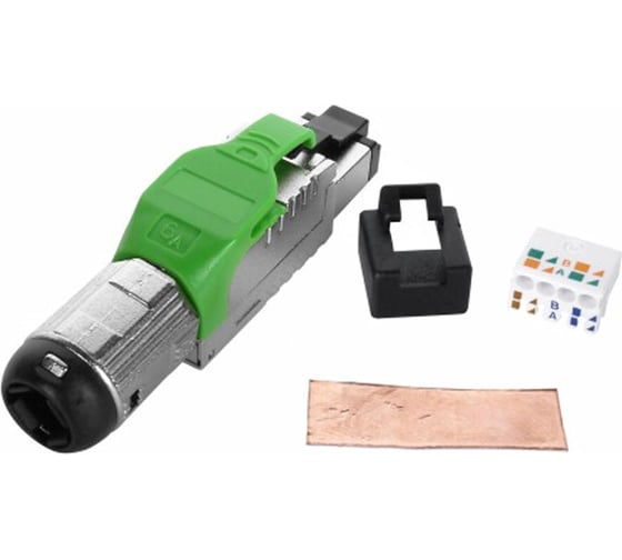 Разъем полевой оконцовки Hyperline PLUE-8P8C-S-C6A-SH-GN RJ-45 (8P8C) под витую пару, для одножильного кабеля, toolless, категория 6A, экранированный, накручивающийся хвостовик, зеленый, IDC