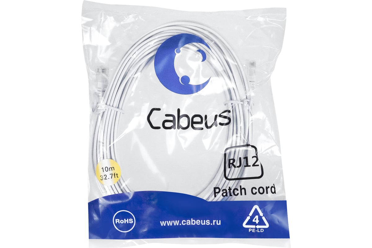 Кабель патч-корд Cabeus PC-TEL-RJ12-10m