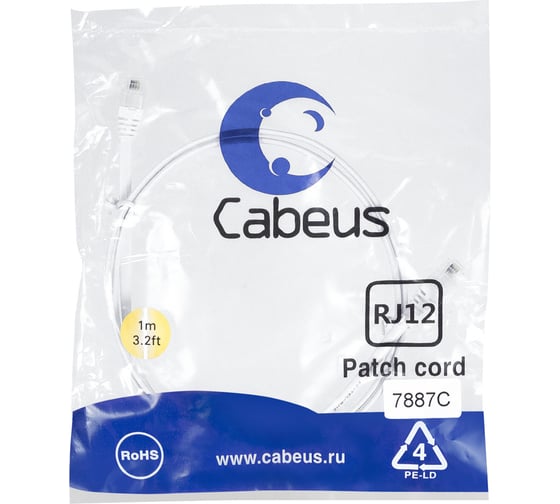 Телефонный патч-корд Cabeus 2x6р4с, белый, PVC, 1 м PC-TEL-RJ12-1m