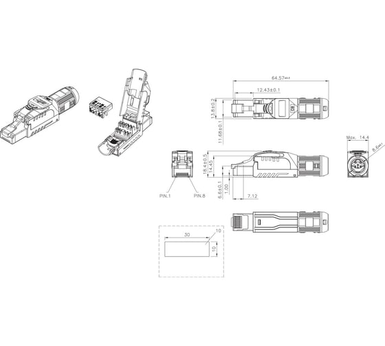 Разъем полевой оконцовки Hyperline PLUE-8P8C-S-C8-SH-BL RJ-45 (8P8C) под витую пару, для одножильного кабеля, toolless, категория 8, экранированный, накручивающийся хвостовик, синий, IDC 403
