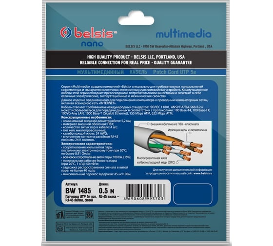 Патчкорд UTP 5e кат. RJ45 вилка - RJ45 вилка, 0.5м, синий Belsis BW1485