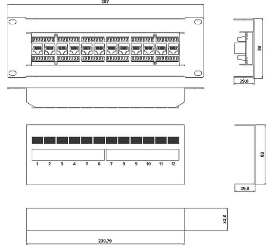 Настенная патч-панель c передним монтажом, 12 портов RJ-45 8P8C, категория 5e Hyperline PPW-12-8P8C-C5e-FR 17709