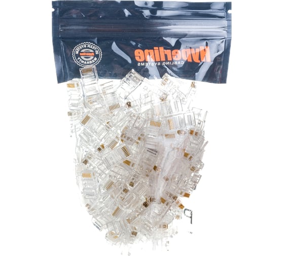Разъем Hyperline RJ-45 (8P8C) под витую пару, категория 5e (50µ"/ 50 микродюймов), универсальный (для одножильного и многожильного кабеля) 100шт PLUG-8P8C-U-C5-100 49377