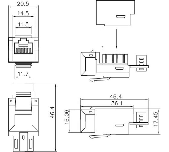 Вставка Keystone Jack RJ-45 8P8C, категория 5e, экранированная, Dual IDC Hyperline KJ2-8P8C-C5e-90-SH-F-WH 373884