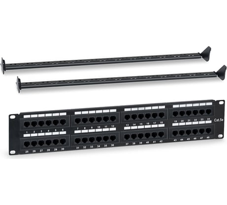 Патч-панель 19" WRline WR-PL-48-C5E-D (2U), 48 портов RJ-45, категория 5e, Dual IDC, с задним кабельным организатором, цвет черный 505209