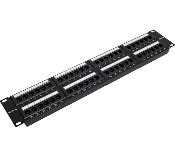Патч-панель 19" WRline WR-PL-48-C5E-D (2U), 48 портов RJ-45, категория 5e, Dual IDC, с задним кабельным организатором, цвет черный 505209