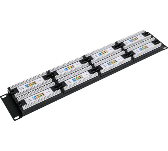 Патч-панель 19" WRline WR-PL-48-C5E-D (2U), 48 портов RJ-45, категория 5e, Dual IDC, с задним кабельным организатором, цвет черный 505209