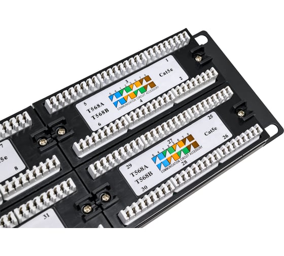 Патч-панель 19" WRline WR-PL-48-C5E-D (2U), 48 портов RJ-45, категория 5e, Dual IDC, с задним кабельным организатором, цвет черный 505209