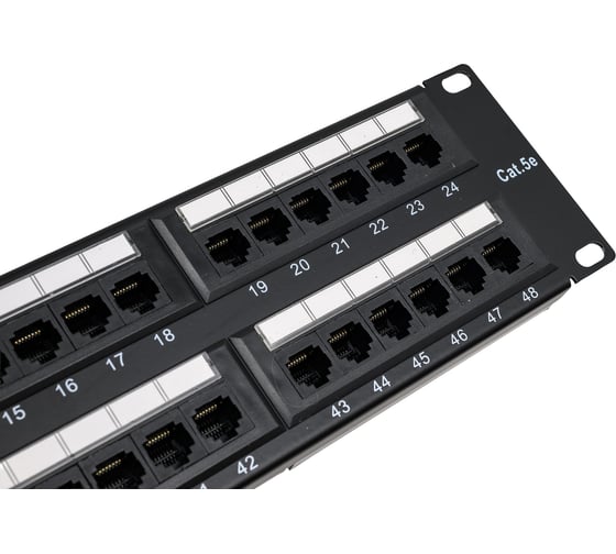 Патч-панель 19" WRline WR-PL-48-C5E-D (2U), 48 портов RJ-45, категория 5e, Dual IDC, с задним кабельным организатором, цвет черный 505209
