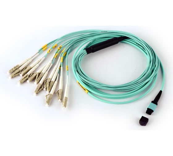 Кабельная сборка TopLan MPO-12LC, 12 волокон OM3, низкие потери, LSZH, 1 м, аква TOP-12M-12LC/OM3-1.0 1
