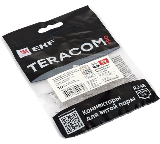 Коннектор RJ-45 EKF TERACOM PRO неэкранированный, 8P8C, 30мкд, Cat.5E, универсальный, упаковка 10 штук TRP-PLUG-5EUTP-10