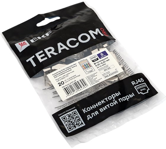 Коннектор RJ-45 EKF TERACOM PRO экранированный, 8P8C, 30мкд, Cat.6, упаковка 20 штук TRP-PLUG-6FTP-20