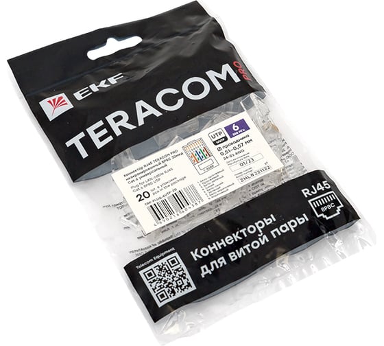 Коннектор RJ-45 EKF TERACOM PRO неэкранированный, 8P8C, 30мкд, Cat.6, универсальный, упаковка 20 штук TRP-PLUG-6UTP-20
