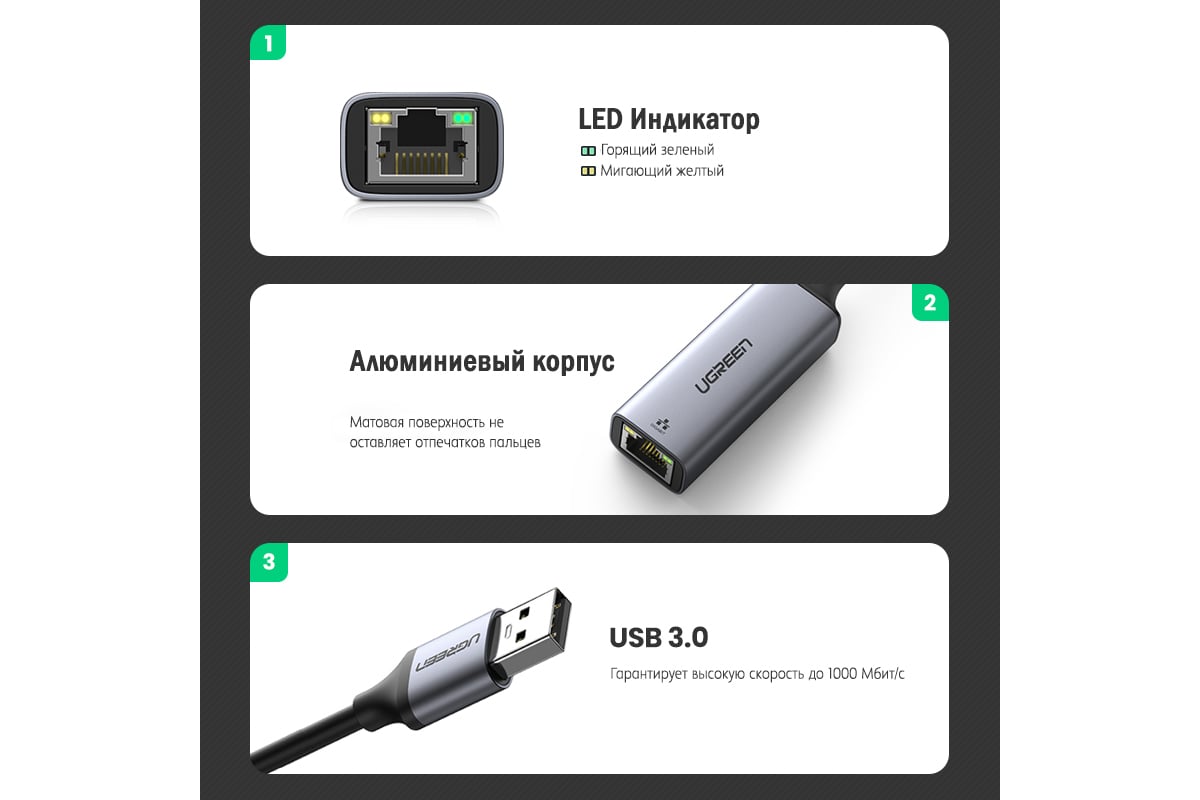 Сетевой адаптер Ugreen USB A 3.0 - LAN RJ45 1G 50922