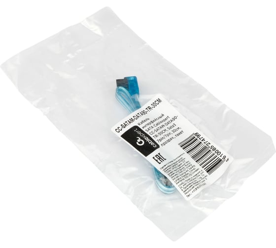 Интерфейсный кабель Cablexpert sata, sata3 7pin/7pin,30см,мет.защелка,прозрач,пакет, CC-SATAM-DATA90-TR-30CM