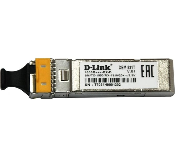 SFP-трансивер d-link Wdm с 1 портом 1000base-bx-d, tx:1550 нм, rx:1310 нм, для одномодового оптического кабеля до 20 км 331T/20KM/A1A 1