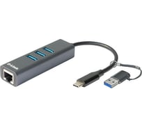 Сетевой адаптер d-link gigabit ethernet / usb type-c с 3 портами usb 3.0 и переходником usb type-c / usb type-a DUB-2332/A1A