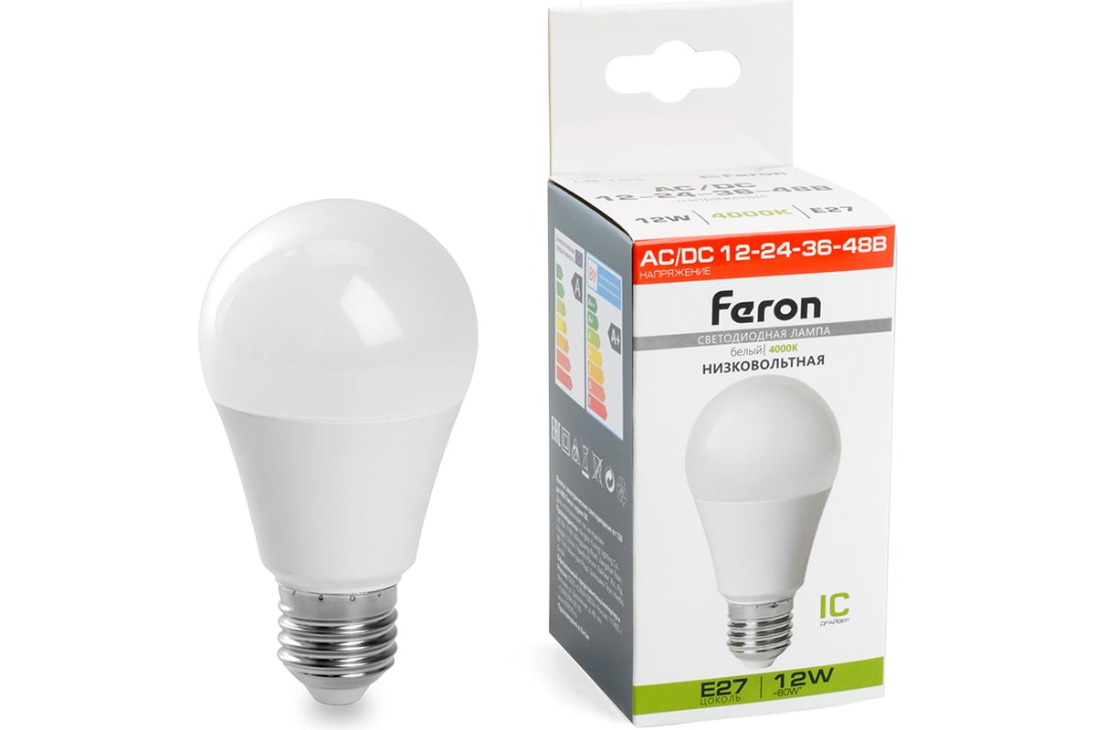 Светодиодная низковольтная лампа FERON (12W) 12-48V E27 4000K A60, LB ...