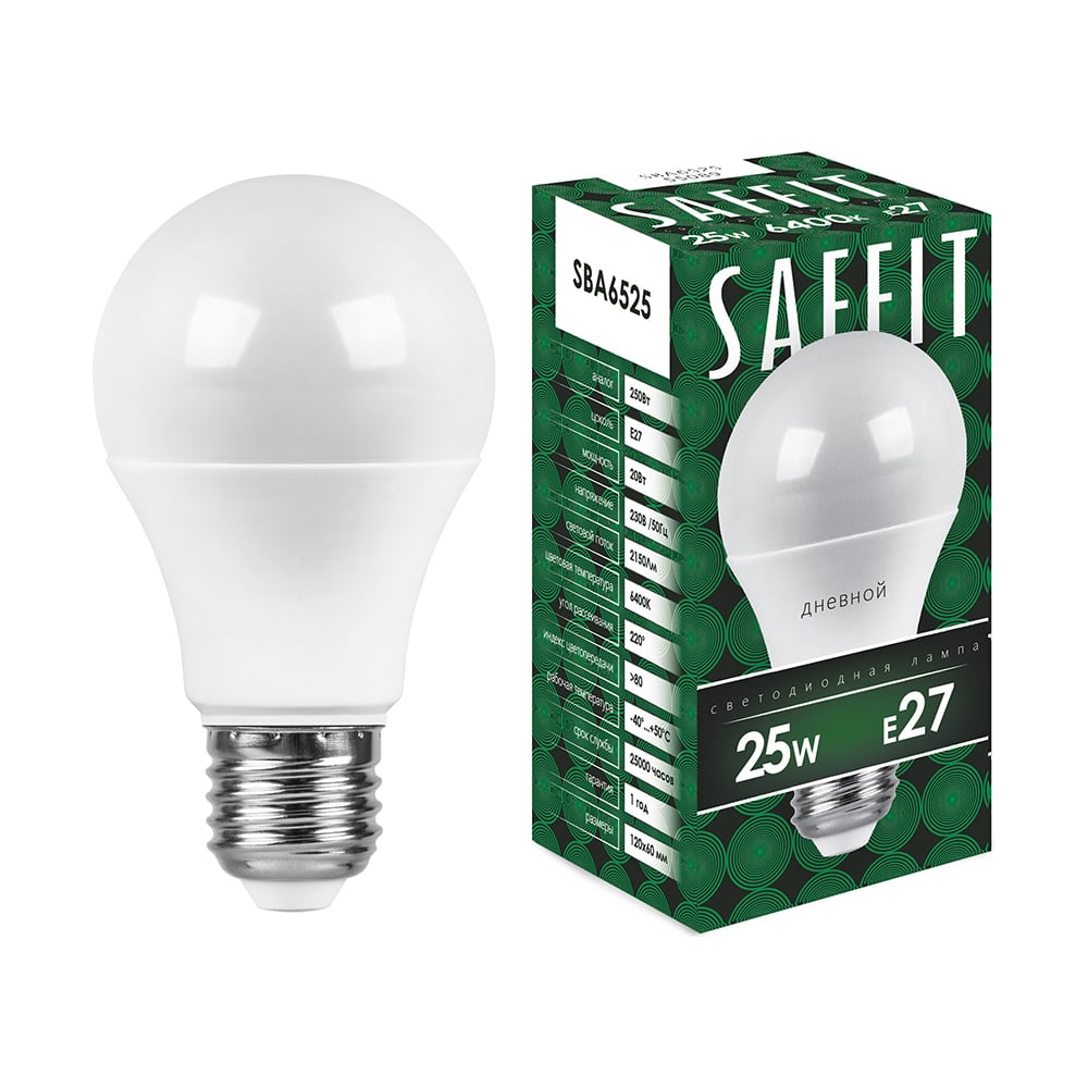 Светодиодная лампа SAFFIT 25W 230V E27 6400K, SBA6525 55089 - выгодная  цена, отзывы, характеристики, фото - купить в Москве и РФ