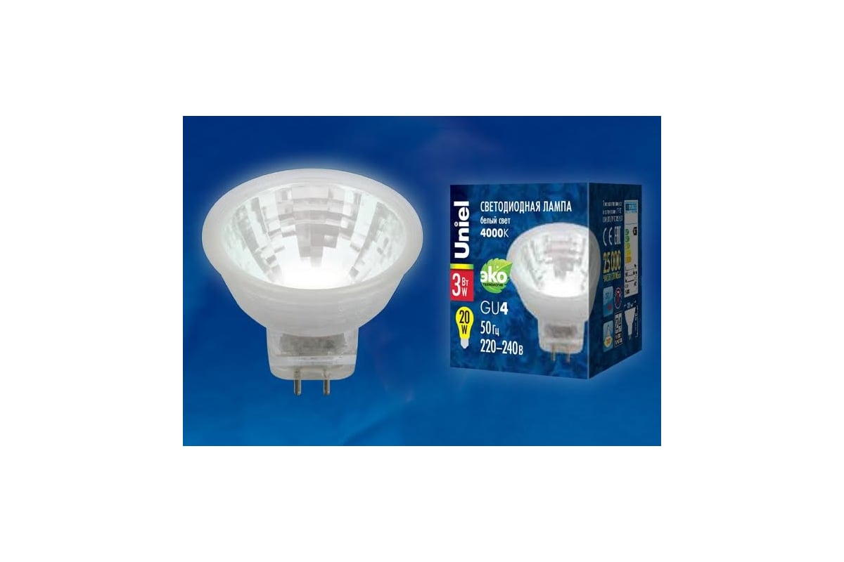 Лампа светодиодная Uniel gu4 3w 3000k прозрачная led-mr11-3w/ww/gu4/220v glz21tr ul-00001702