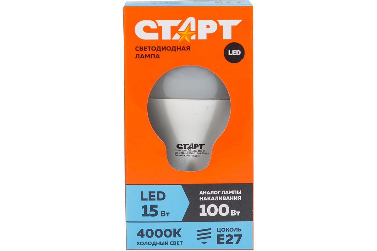 Светодиодная лампа в колбе лон СТАРТ ECO LEDGLSE27 15W 40 - выгодная цена,  отзывы, характеристики, фото - купить в Москве и РФ