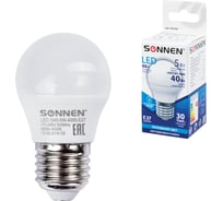 Светодиодная лампа SONNEN 5Вт, цоколь E27, шар, холодный белый свет, LED G45-5W-4000-E27, 453700