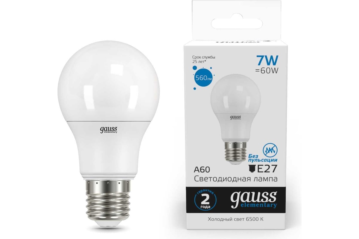 Лампа Gauss LED Elementary A60 7W E27 560lm 6500K 23237A - выгодная цена,  отзывы, характеристики, 1 видео, фото - купить в Москве и РФ