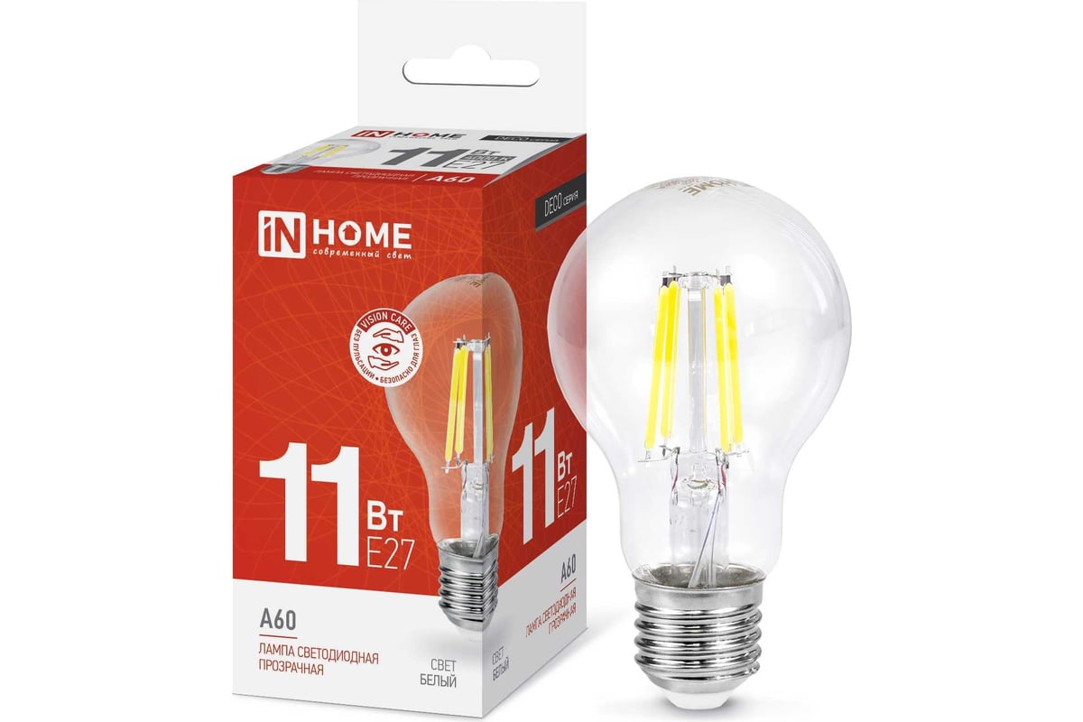 Светодиодная лампа IN HOME LED-A60-deco 11Вт 230В Е27 4000К 1160Лм  прозрачная 4690612026145