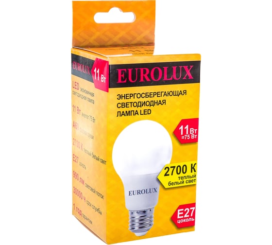  Светодиодная лампа Eurolux LL-E-A60-11W-230-2,7K-E27/груша, 11Вт, теплый белый, Е27 76/2/15 