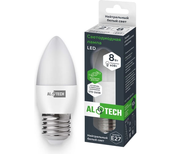 Лампочка светодиодная ALTECH LED С35-8W-840-E27 8Вт свеча нейтральный белый свет 4673758070050 - выгодная цена, отзывы, характеристики, фото - купить в Москве и РФ