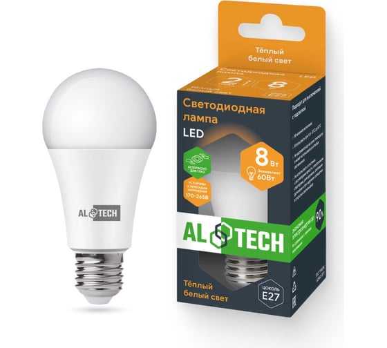 Лампочка светодиодная ALTECH LED Р60-8W-830-E27 8Вт груша теплый белый свет 4673758070180 - выгодная цена, отзывы, характеристики, фото - купить в Москве и РФ