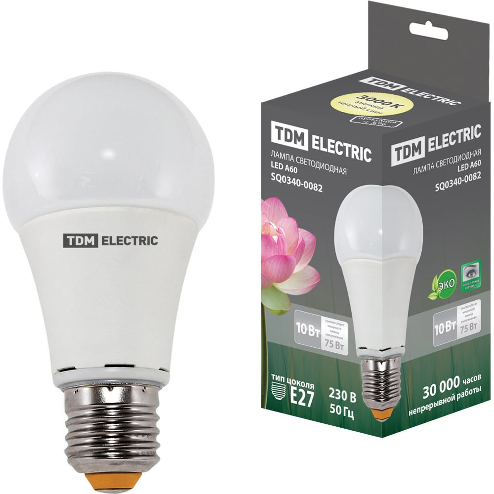 Лампа TDM светодиодная, А60, 10 Вт, 220 В, 3000 К, E27 SQ 0340-0082 ...