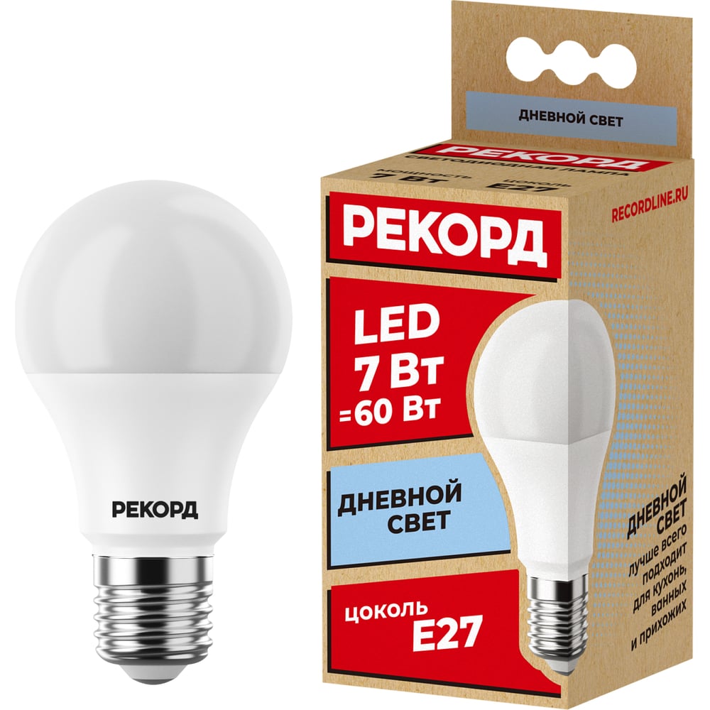 Светодиодная лампа РЕКОРД LED А60 7W Е27 4000К 23874