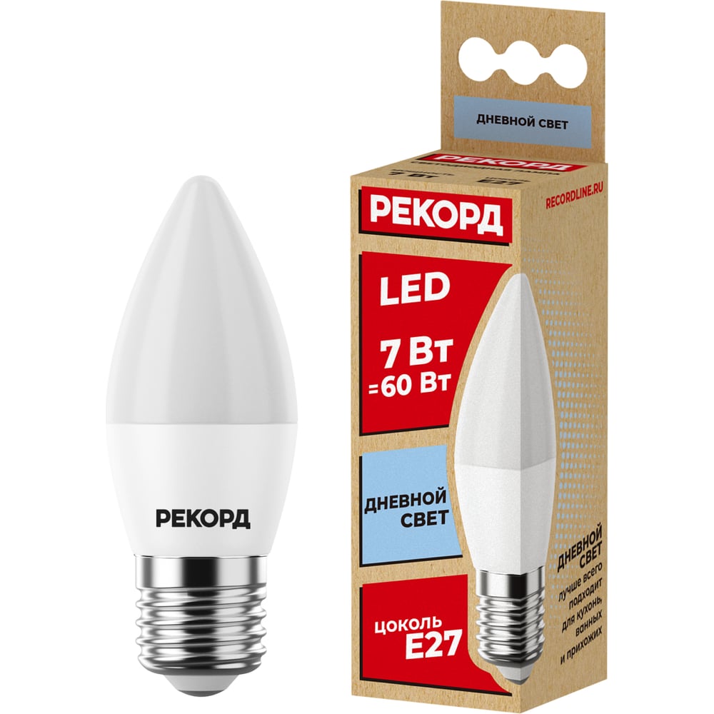 Светодиодная лампа рекорд led b37 7w е27 4000к 23882