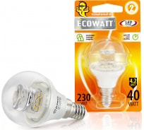 Светодиодная лампа ECOWATT P45, 4.2(40)W, 2700K, E14, CL 300, миньон, теплый белый свет, шарик, прозрачный 4606400419396