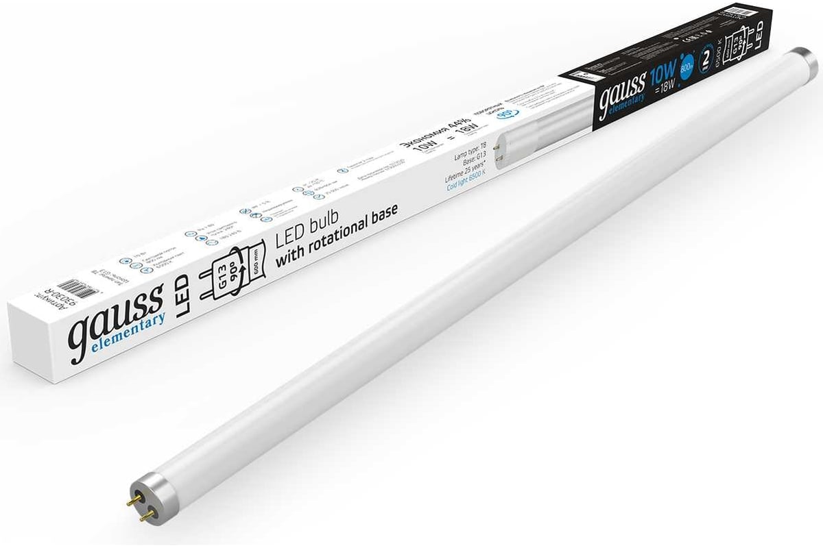 Лампа Gauss Elementary T8, 10W, 800lm, 6500K, G13 600mm стекло поворотная  LED 1/30 93030-R - выгодная цена, отзывы, характеристики, 1 видео, фото -  купить в Москве и РФ